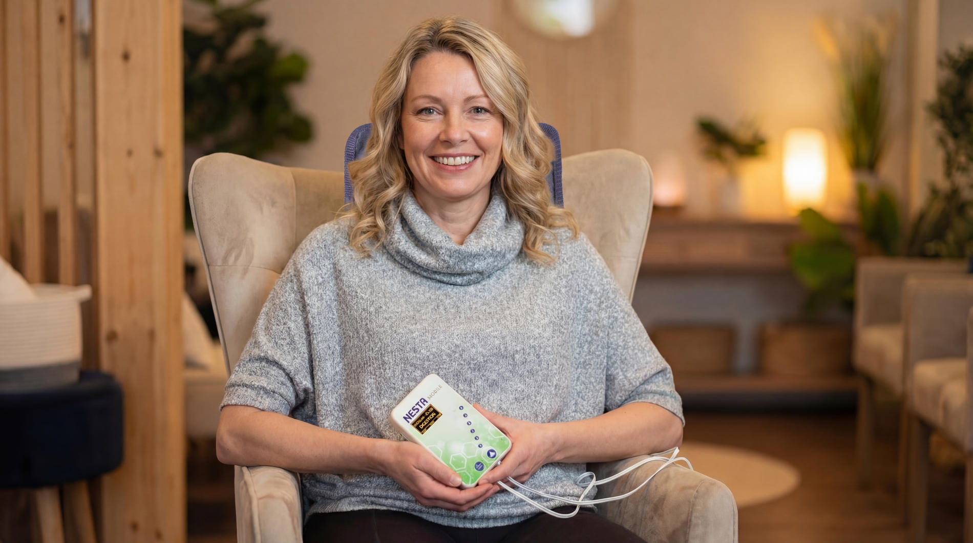 Client smiling with a Nesta Mobile BRT device in a calm clinical setting