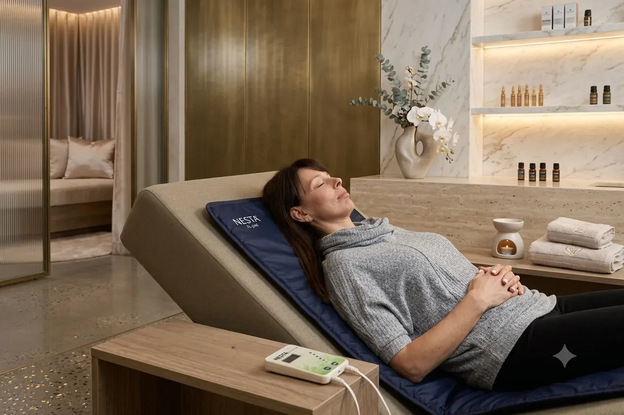 Woman relaxing on a Nesta Pro with XL Pad in a luxury wellness setting